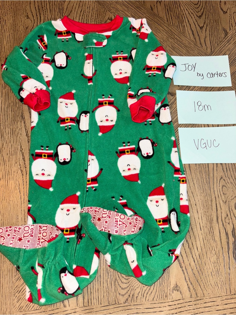 Carter's Green and Red Santa & Penguin Holiday Fleece One-Piece